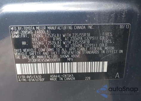 2013 Toyota Rav4 Limited from USA, damaged, VIN 2T3DFREV5DW099859